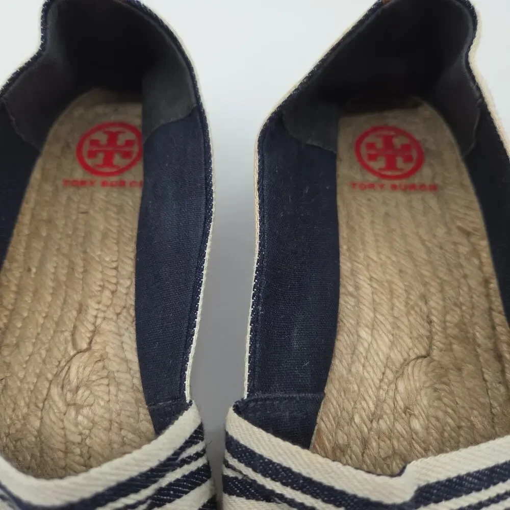 Tory Burch Espadrille Flats 9 Navy White Stripe Canvas Slip On Coastal‎ Preppy